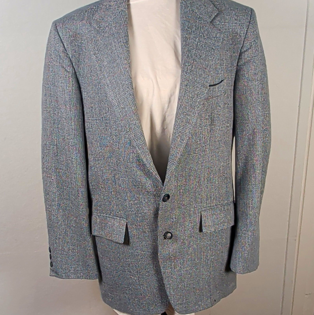 Vintage 40R Sport Coat Made in USA Plaid Blazer Grey Blue Addis Deys Syracuse